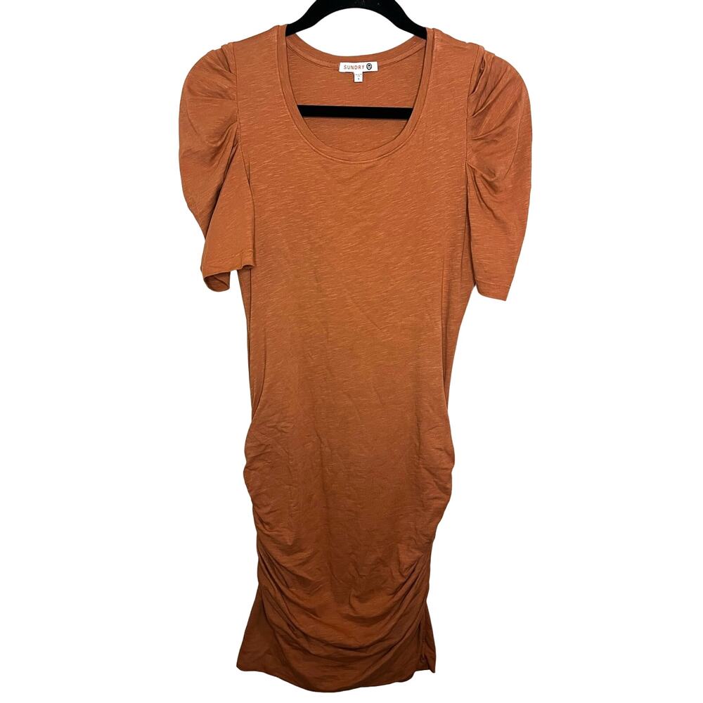 SUNDRY for ANTHROPOLOGIE Puff Sleeve Ruched Side Mini Dress Brown Clay sz. S